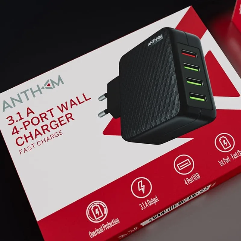 Close-up render of Anthem 4-port charger with red packaging