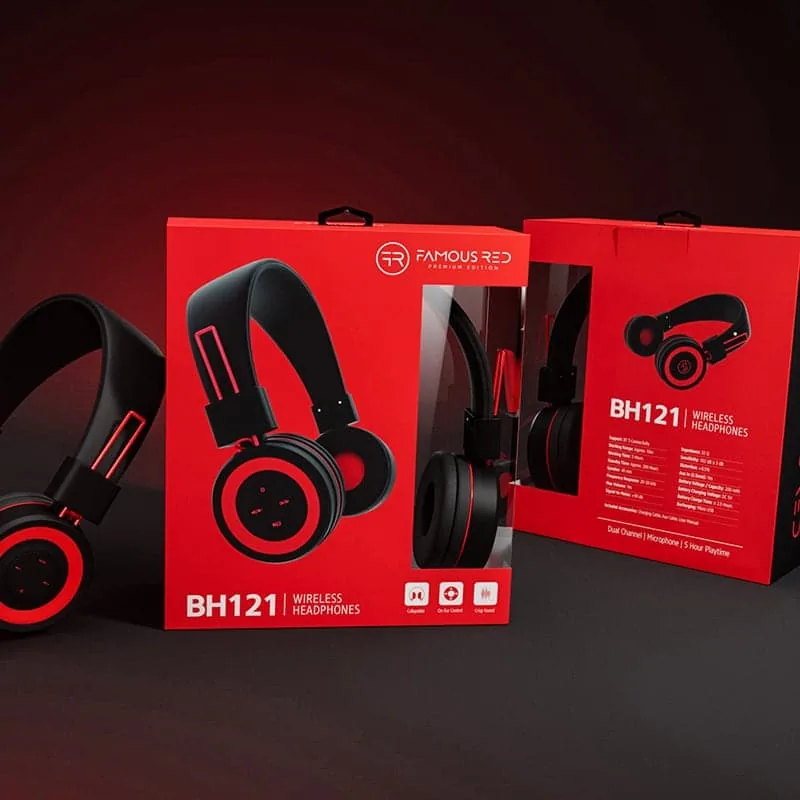 Famous Red wireless headset retail packaging with custom icon system