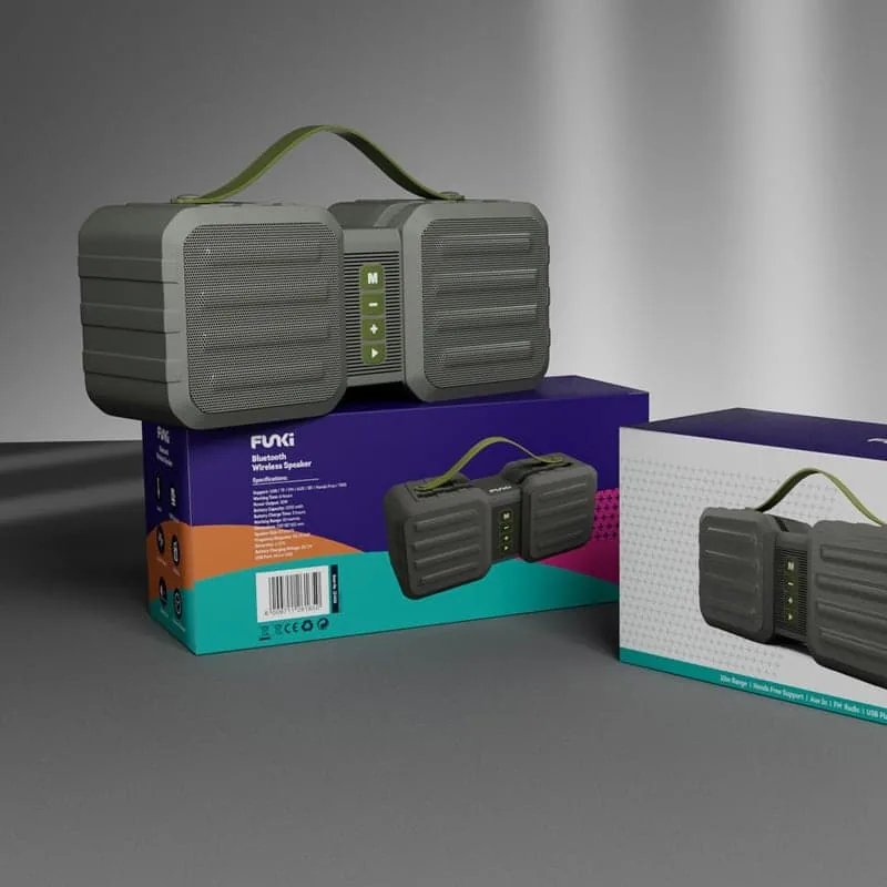 Funki wireless Bluetooth speaker packaging – side view