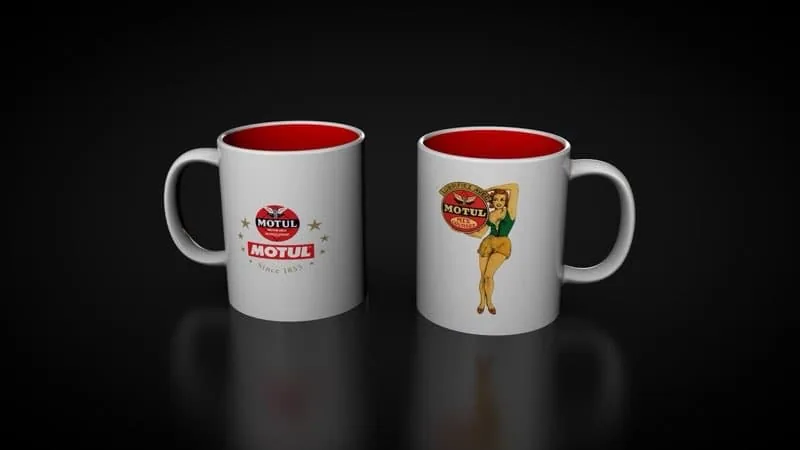 Motul branded coffee mugs with retro pin-up illustration