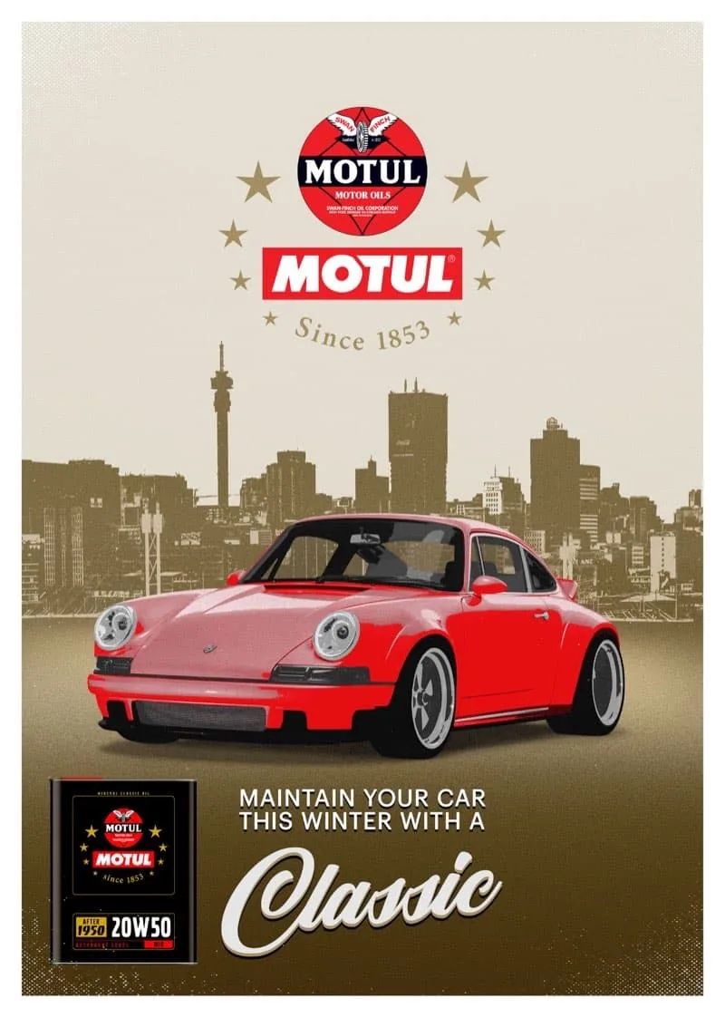 Motul Classic vintage poster with red Porsche 911