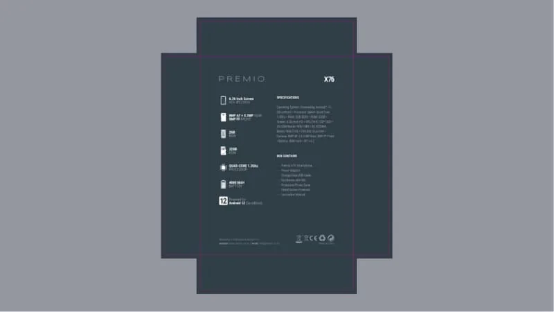 Premio smartphone packaging bottom panel die-cut layout