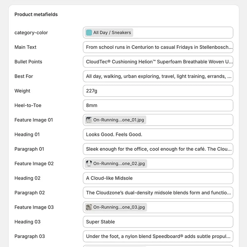 Shopify admin custom metafield data