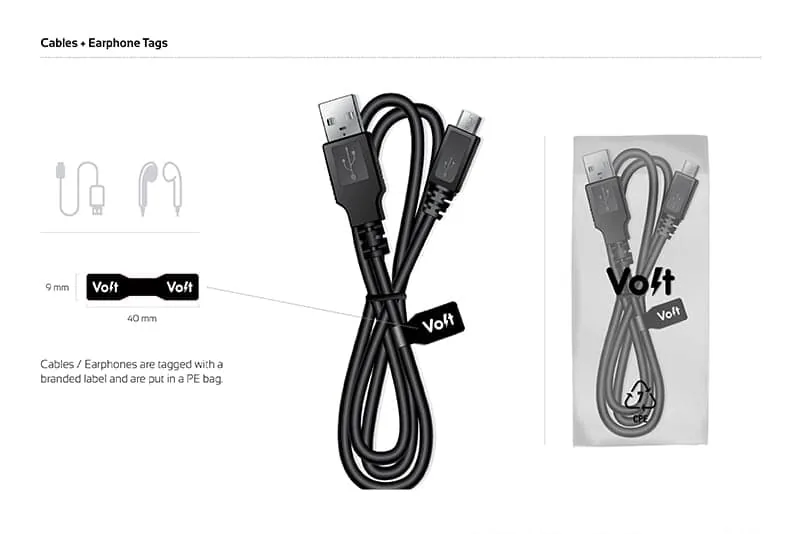 Volt Mobile cable and earphone packaging tags